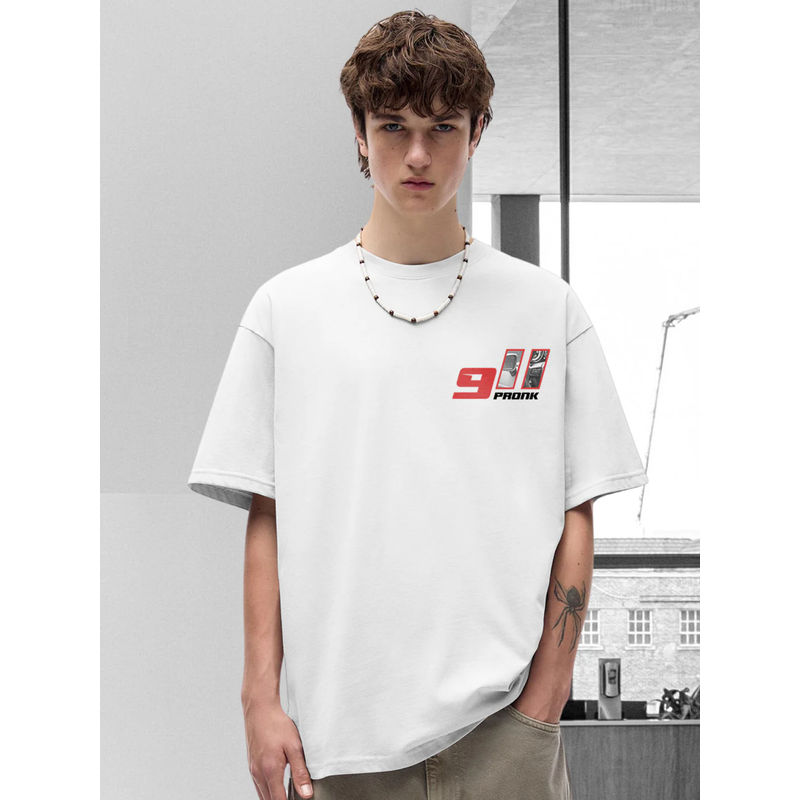 PRONK Terry Cotton Graphic Round Neck Oversized White T-Shirt for Men (L)