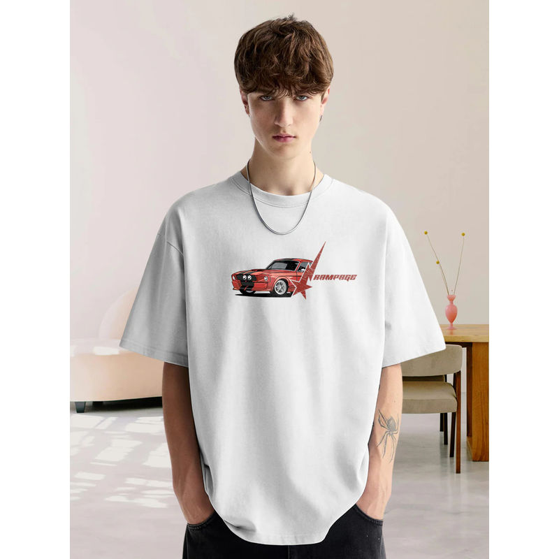 PRONK Terry Cotton Graphic Round Neck Oversized White T-Shirt for Men (M)
