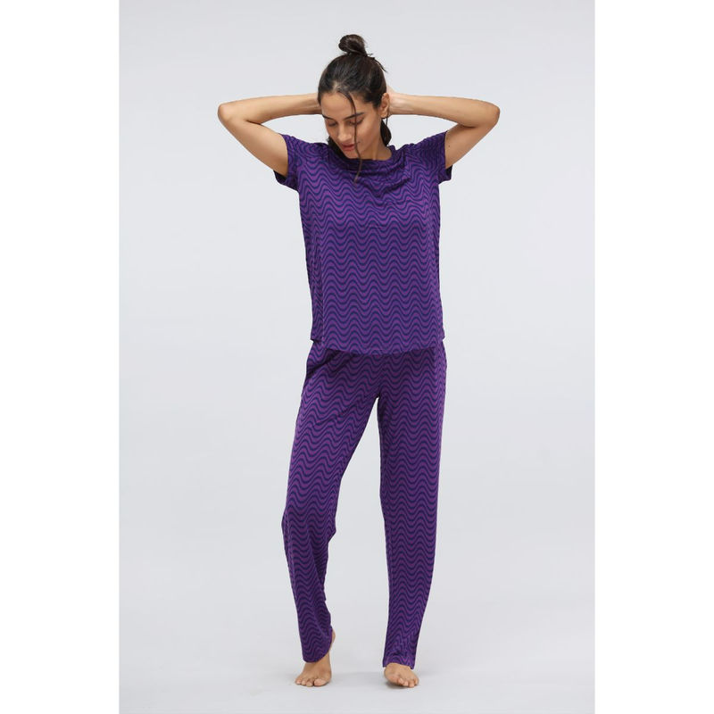 NeceSera Purple Wavy Modal Printed Pajama (Set of 2) (S)