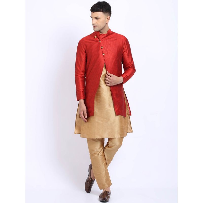 Treemoda Men Red & Golden Coloured Raw Silk Kurta with Aligarh Pyjama & Jacket (Set of 3) (S)