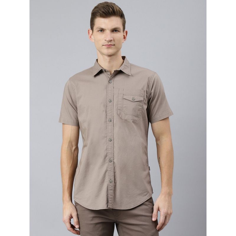 WOODLAND Beige Solid Casual Shirt (S)