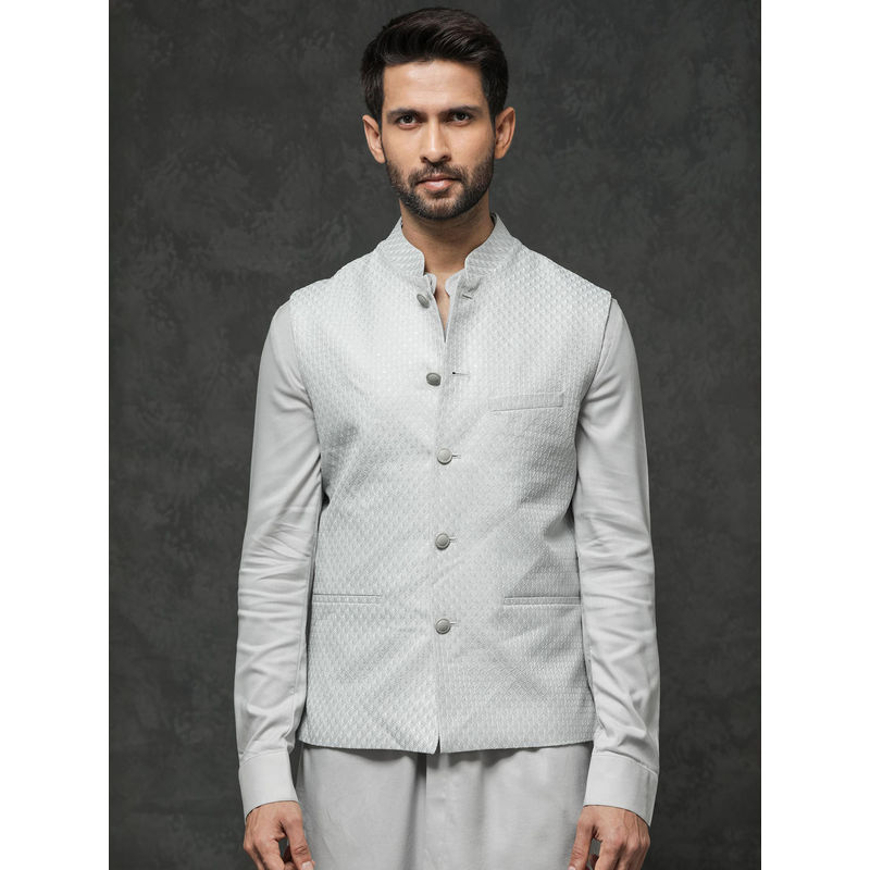 Rare Rabbit Light Grey Embroidered Regular Fit Bandgala (XL)