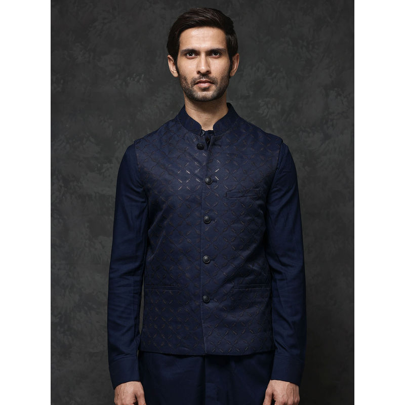 Rare Rabbit Navy Blue Embroidered Regular Fit Bandgala (M)