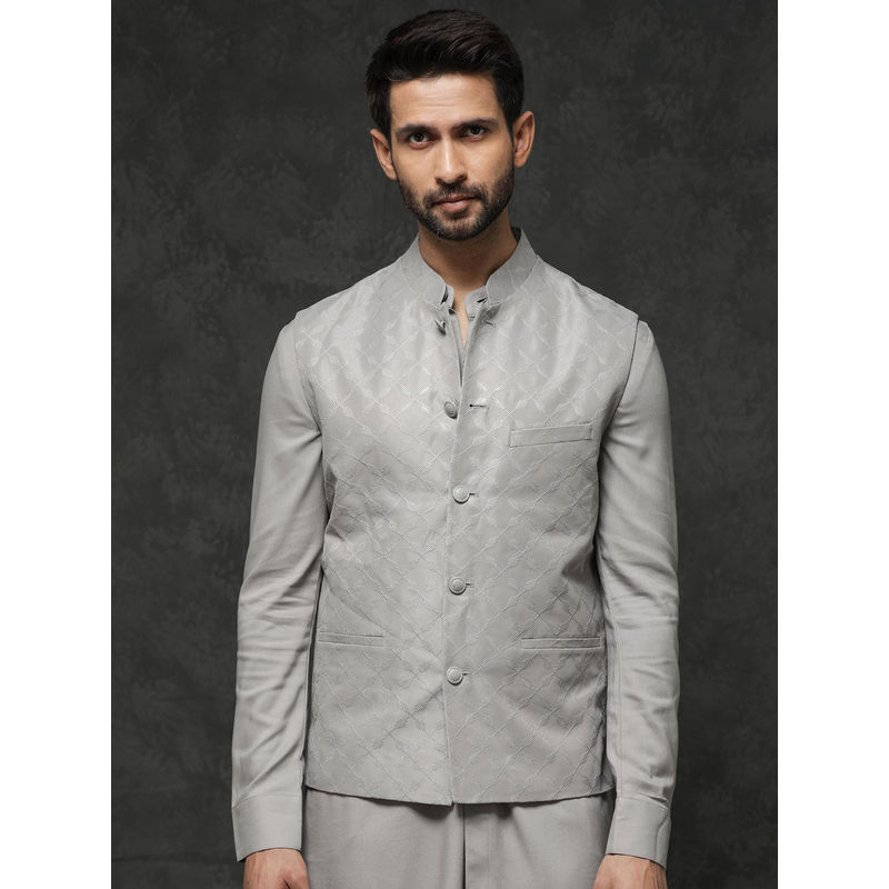 Rare Rabbit Grey Embroidered Regular Fit Bandgala (M)