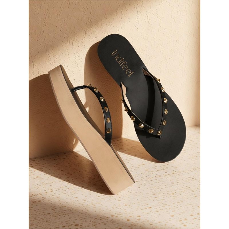 Indifeet Black Split Toe Fashionable & Studded Flatform Sandals (UK 7)