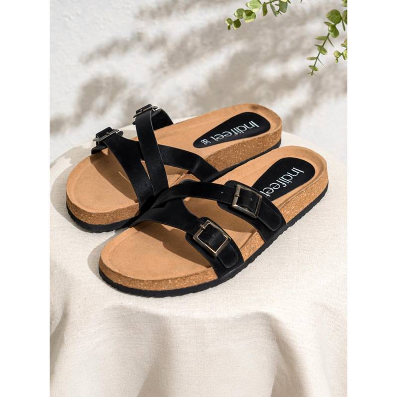 Indifeet Black Stylish and Classic Cork Sandals for Women with Adjustable Dual Straps (UK 3)