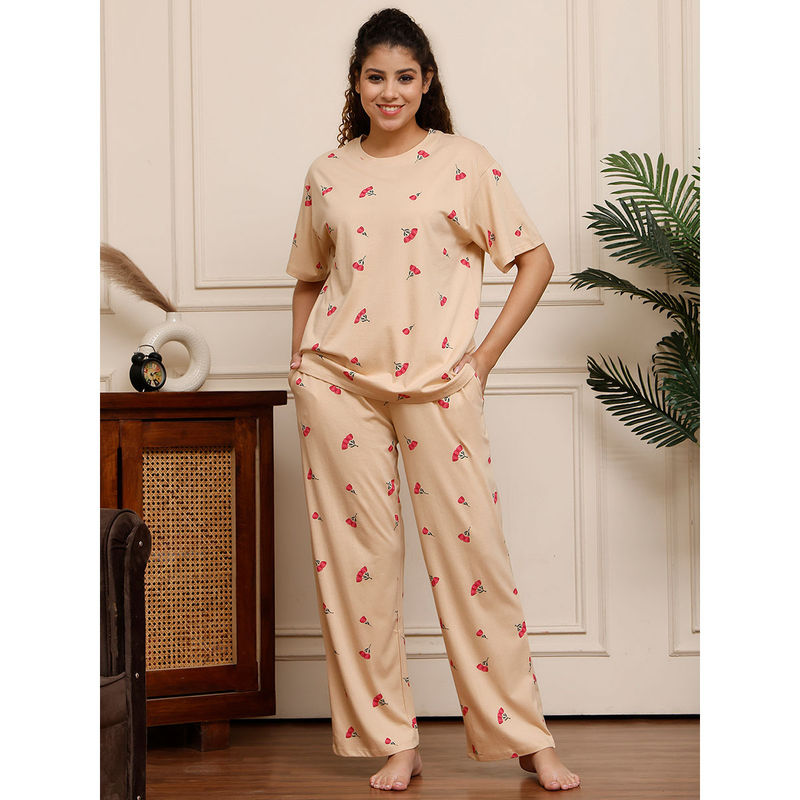 Kanvin Beige Floral Printed Modal Top and Pyjama (Set of 2) (XL)