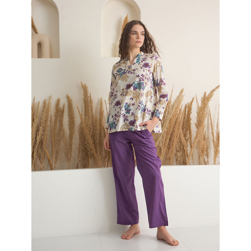 SAY Purple Pure Cotton Floral Printed Top and Pyjama (Set of 2) (XS)