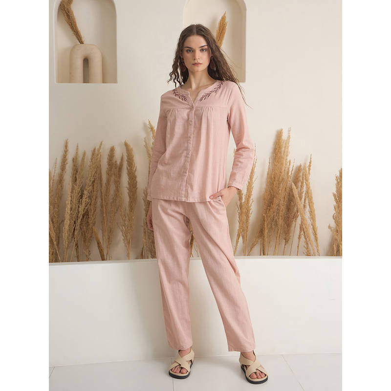 SANSKRUTIHOMES Peach Pure Cotton Embroidered Shirt and Pyjama (Set of 2) (XS)