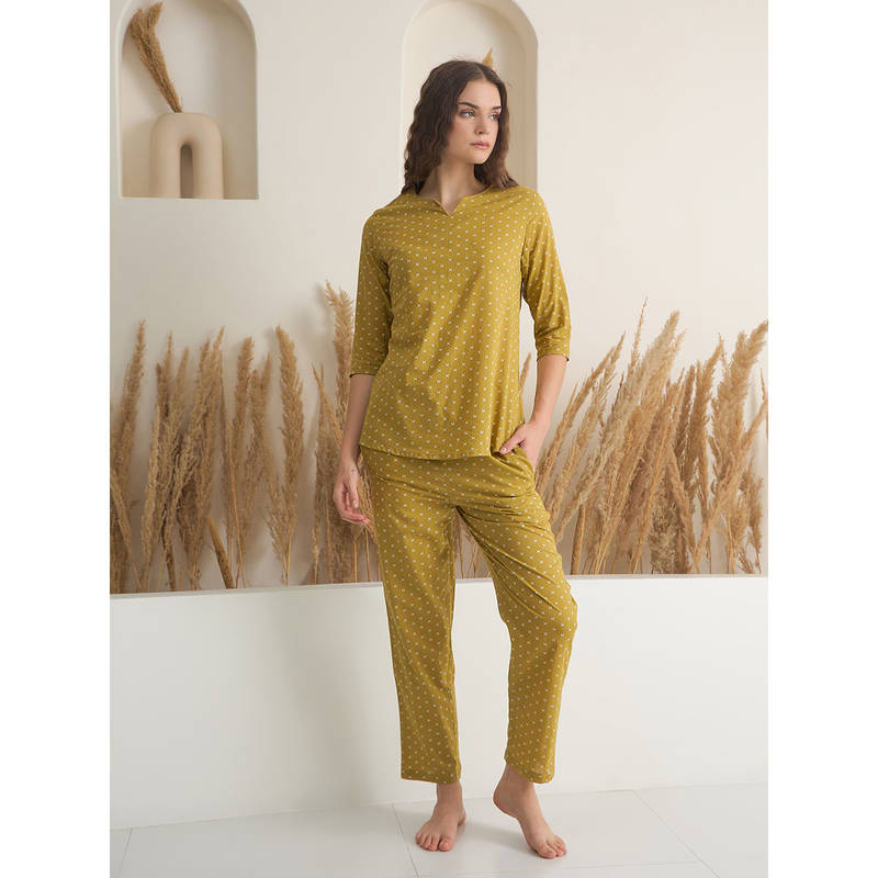 SANSKRUTIHOMES Mustard Pure Cotton Printed Top and Pyjama (Set of 2) (XL)
