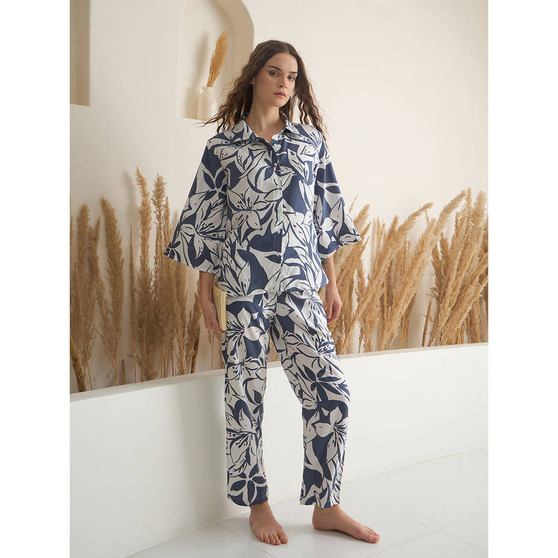 SANSKRUTIHOMES Navy Blue Viscose Rayon Floral Printed Shirt and Pyjama (Set of 2) (3XL)