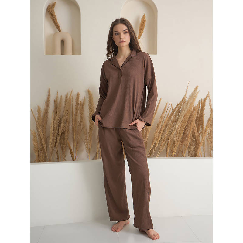 SANSKRUTIHOMES Brown Viscose Rayon Textured Top and Pyjama (Set of 2) (XS)