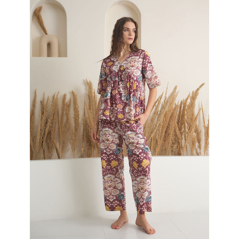 SAY Multi-Color Pure Cotton Floral Printed Top and Pyjama (Set of 2) (2XL)