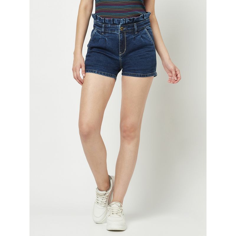 CRIMSOUNE CLUB Women Navy Blue Denim High Waisted Shorts (34)