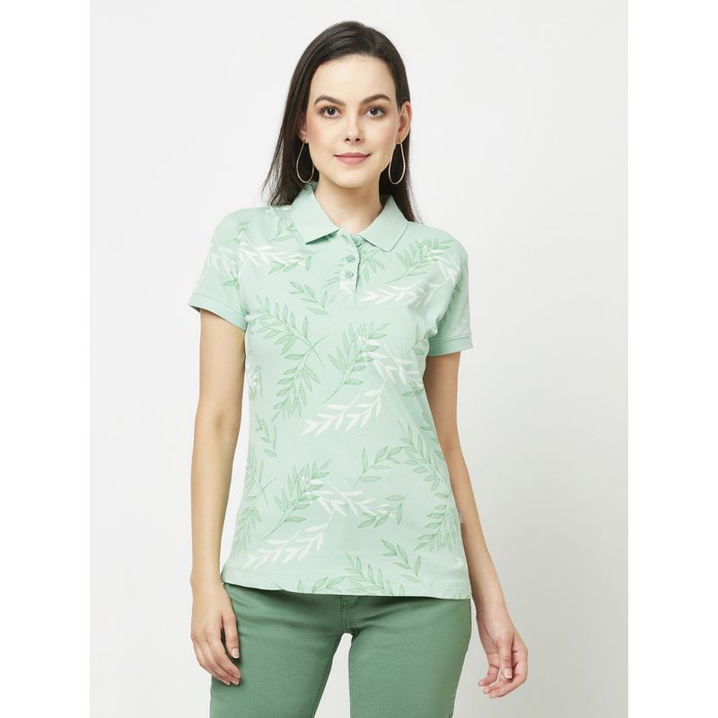 CRIMSOUNE CLUB Women Mint Green Floral Polo T-Shirt (L)