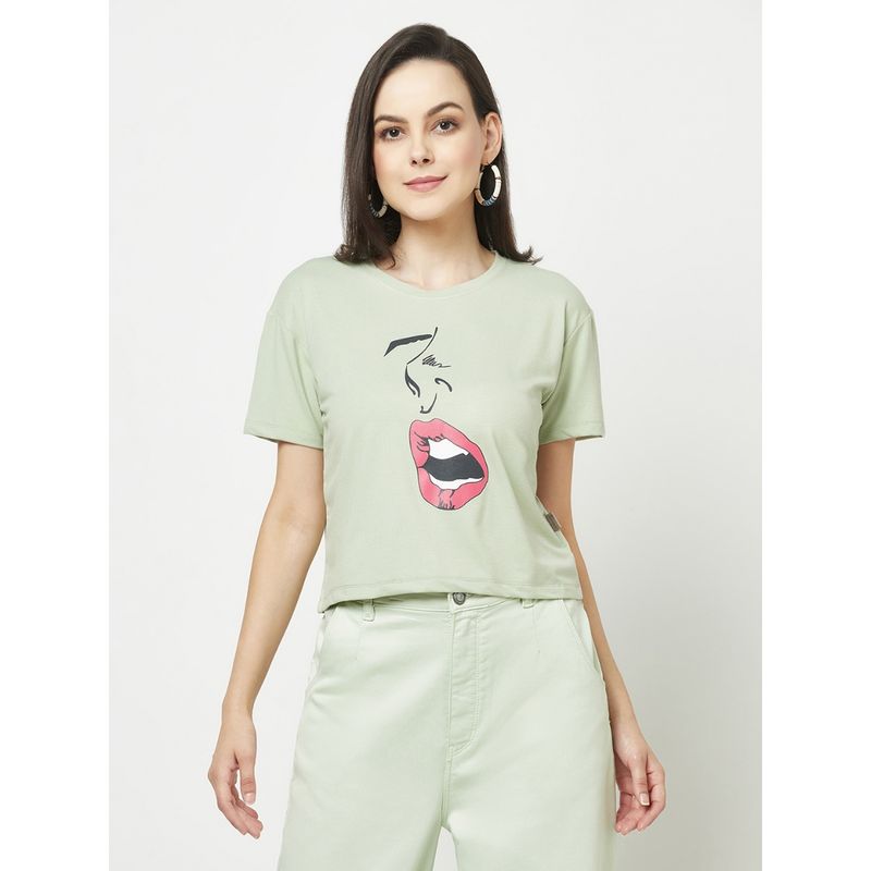 CRIMSOUNE CLUB Women Green Graphic Cropped T-Shirt (2XL)