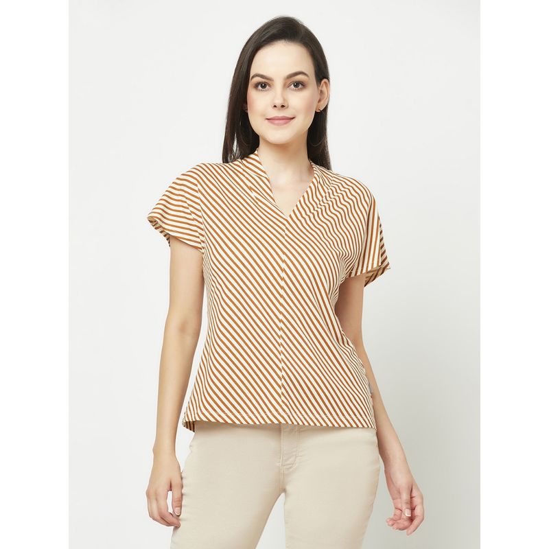 CRIMSOUNE CLUB Women Dark Mustard Striped V-Neck T-Shirt (2XL)