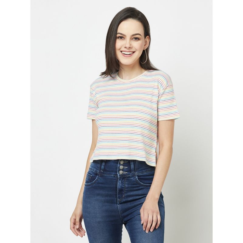 CRIMSOUNE CLUB Women Light Rainbow Striped T-Shirt (2XL)
