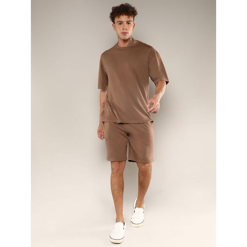 Campus Sutra Men's Ash Brown Solid Oversized Co-Ord (Set of 2) (M)
