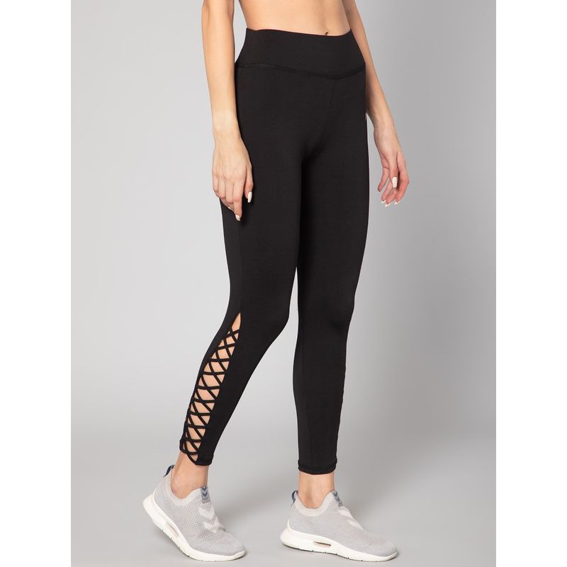 Muscle Torque Gym Yoga High Waist Side Cross Drawstring Tights Black (S)