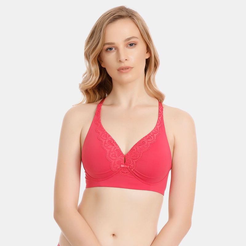 Zivame Vintage Lace Double Layered Wirefree Bralette - Pink (S)