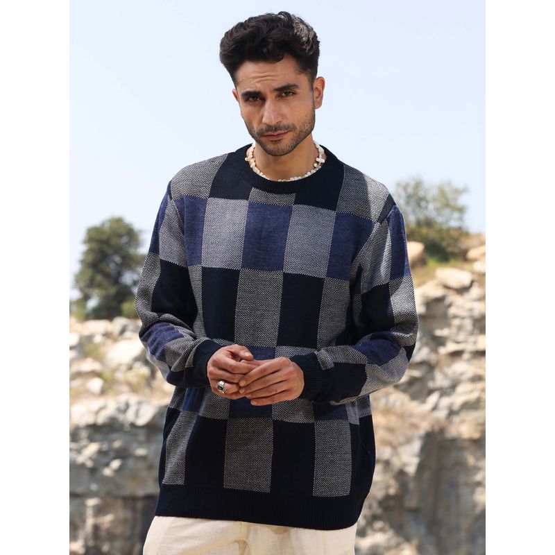 Campus Sutra Men's Blue Block Check Pullover Sweater (M)