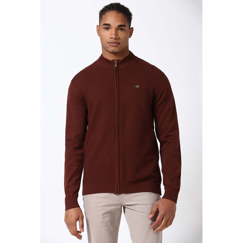 Peter England Men Maroon Textured Crew Neck Jacket (S)