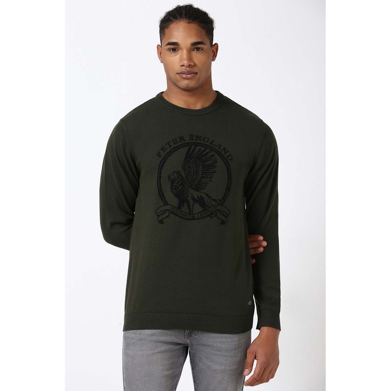 Peter England Men Olive Printed Crew Neck Sweatshirt (S)