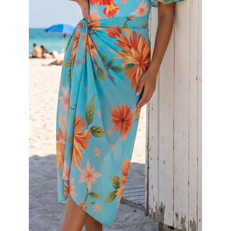 Addery Tropical Bloom Sky Blue Chiffon Beach Sarong Cover-Up (S)
