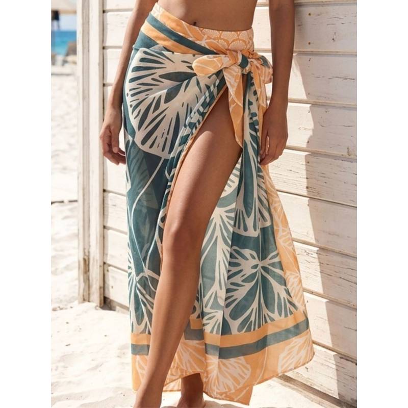 Addery Earthy Tropical Leaf Sheer Chiffon Beach Sarong Cover-Up (S)