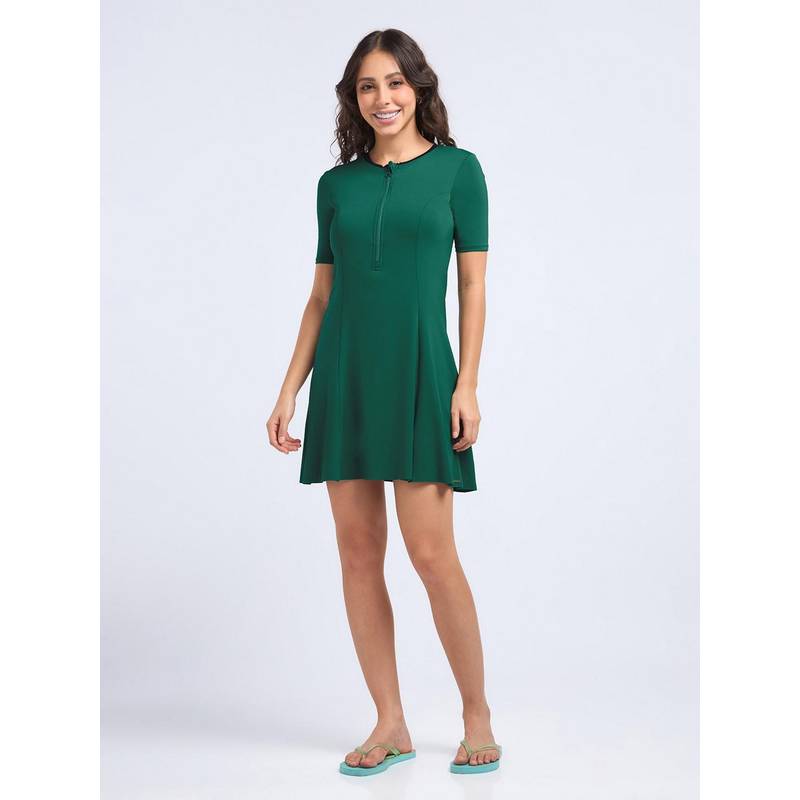 Amante Green Solid Women Short Sleeves Swimsuit (L)