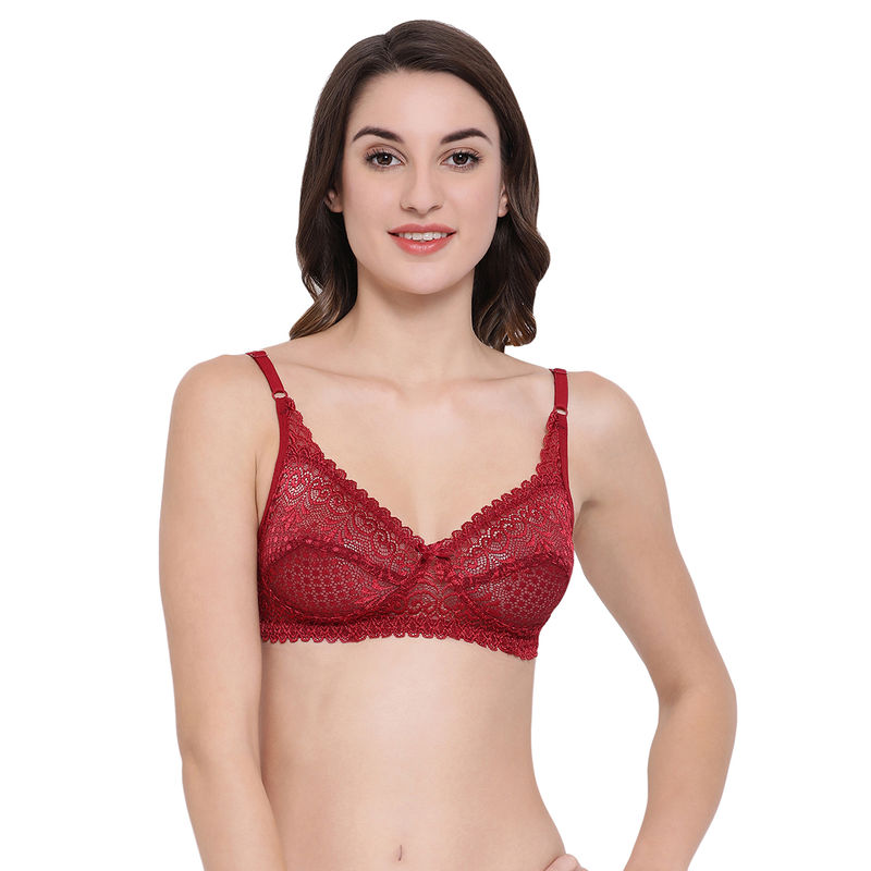 Clovia Lace Solid Non-Padded Full Cup Wire Free Bridal Bra - Maroon (36C)