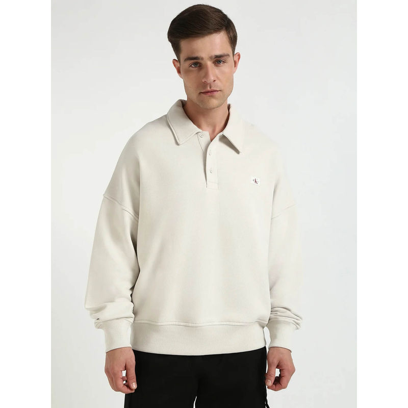 Calvin Klein Men Solid Relaxed Fit Cotton Off White Sweatshirt (M)