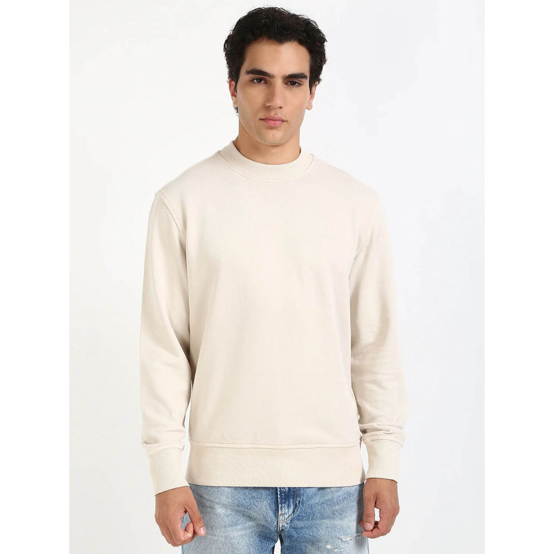 Calvin Klein Men Solid Relaxed Fit Cotton Off White Sweatshirt (S)