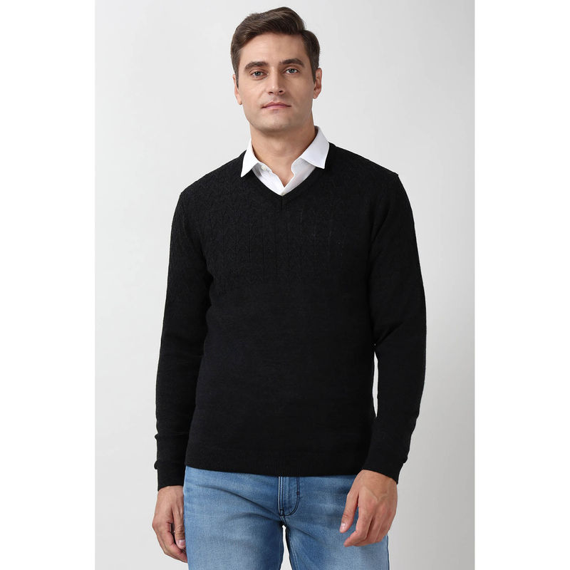 Peter England Men Black Textured V Neck Sweater (XL)