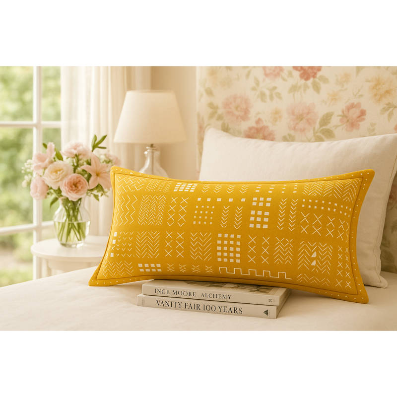 THROW PILLOW Mustard Flanged Bold Geometric Print Rectangle Cushion Cover (12x18 inches)