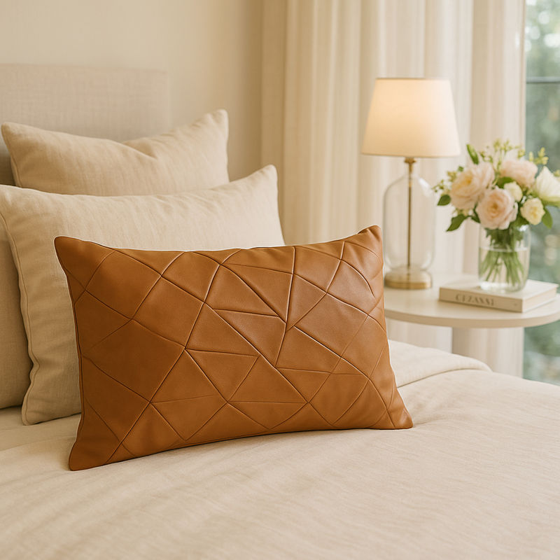 THROW PILLOW Brown Faux Leather Geometric Pleated Rectangle Cushion Cover (12x18 inches)