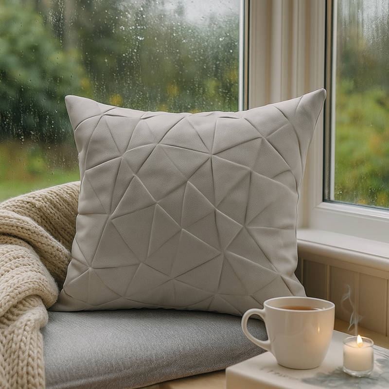 THROW PILLOW Grey Faux Leather Geometric Pleated Square Cushion Cover (12x12 inches)