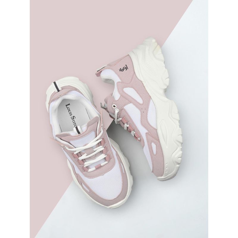 Louis Stitch Women Pink and White Comfortable Lace-Up Sneakers (UK 3)