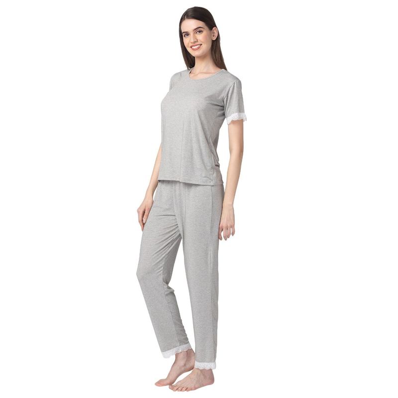 Candyskin Women Grey Cotton T-Shirt with Pyjama Night Suit (Set of 2) (S)