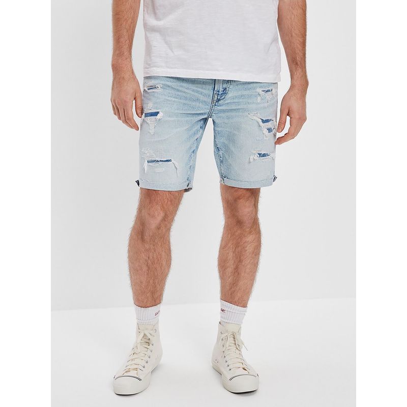 American Eagle Men Blue Air Flex+ 9 Inches Ripped Denim Shorts (30)