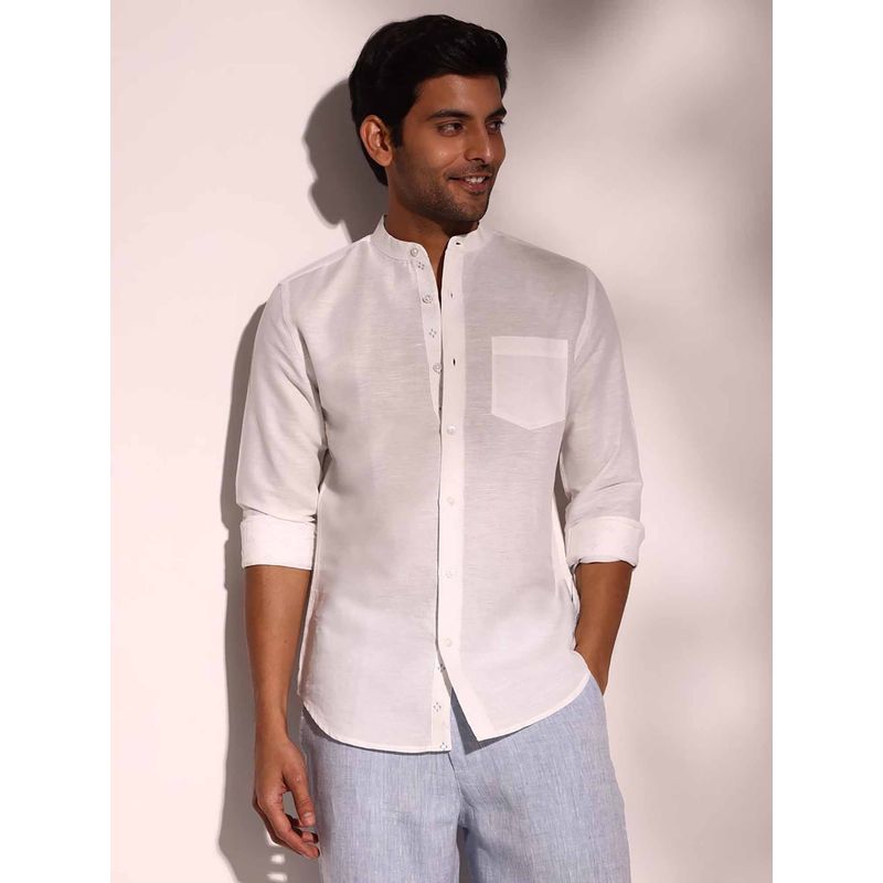 Fabindia White Solid Linen Slim Fit Shirt (XL)