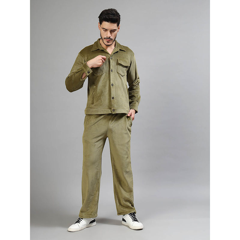 NEUDIS Men Olive Green Corduroy Co-Ord Set, Button-Down Jacket and Trousers (Set of 2) (M)