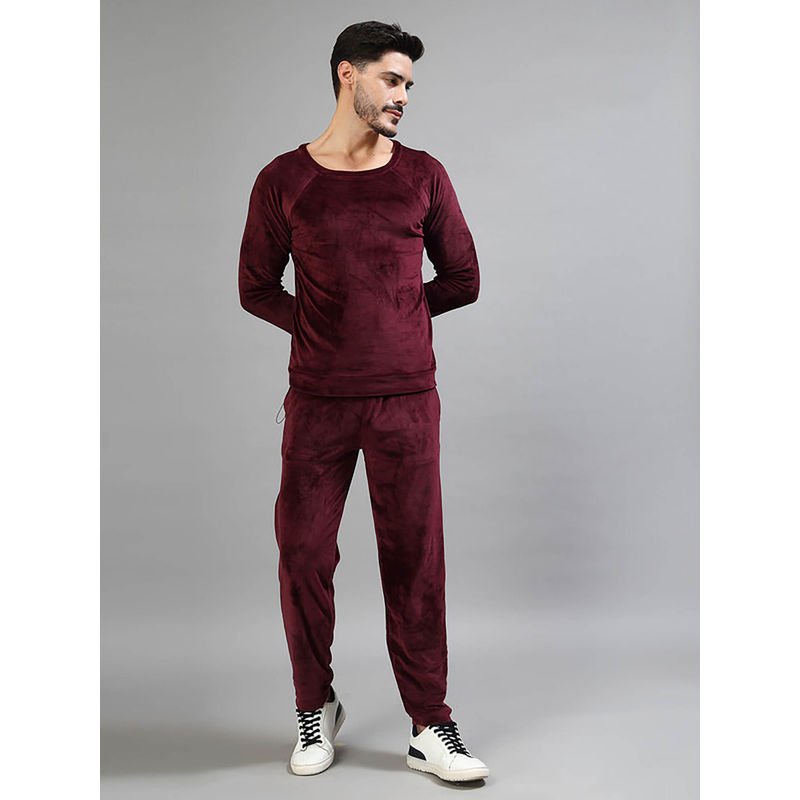 NEUDIS Men Wine Velvet Round Neck Full Sleeves Co-Ord Set Top and Trouser (Set of 2) (XS)