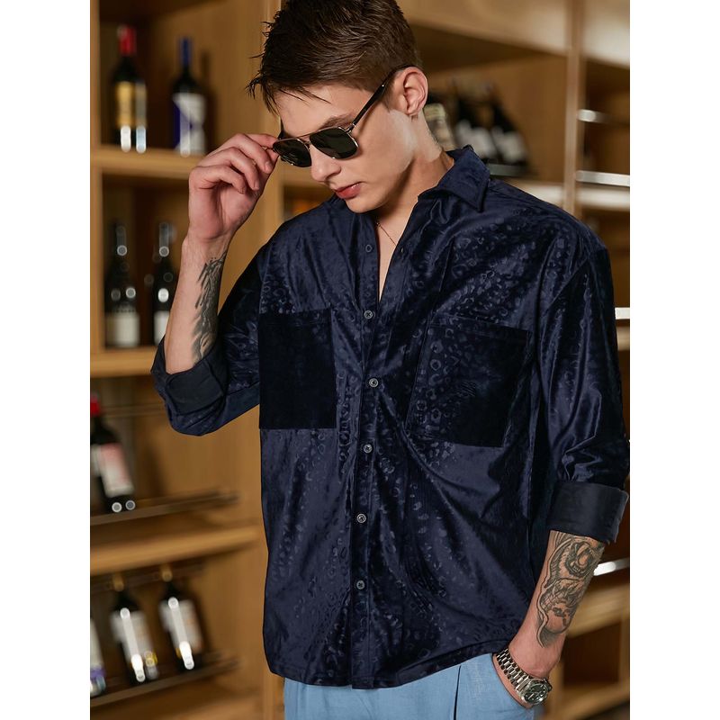 Campus Sutra Men Navy Blue Cheetah Velvet Oversized Shirt (XL)