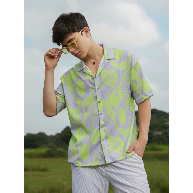 Campus Sutra Men Lavender Botanic Oversized Shirt (XL)