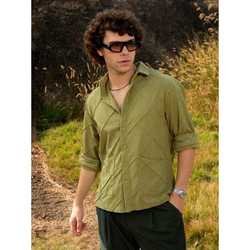Campus Sutra Men Pistachio Green Grid-Corduroy Shirt (M)
