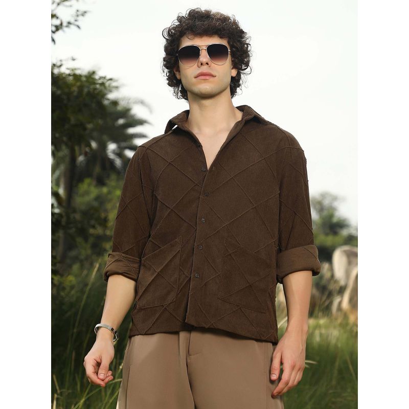 Campus Sutra Men Coffee Brown Crosshatch-Tactile Oversized Shirt (XL)