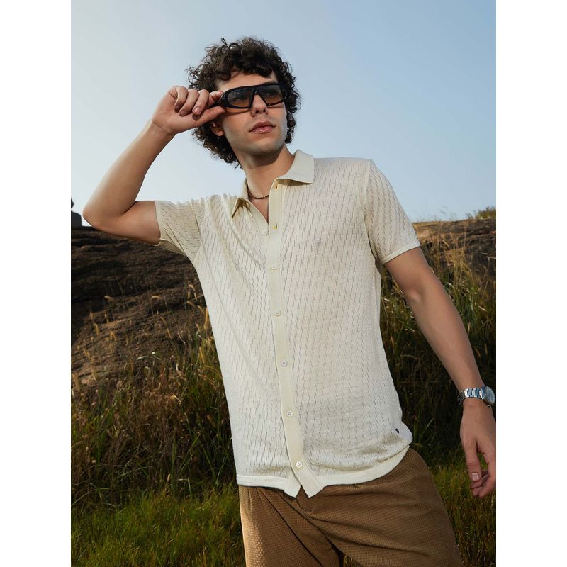 Campus Sutra Men Off White Rhombus-Knit Polo Shirt (S)