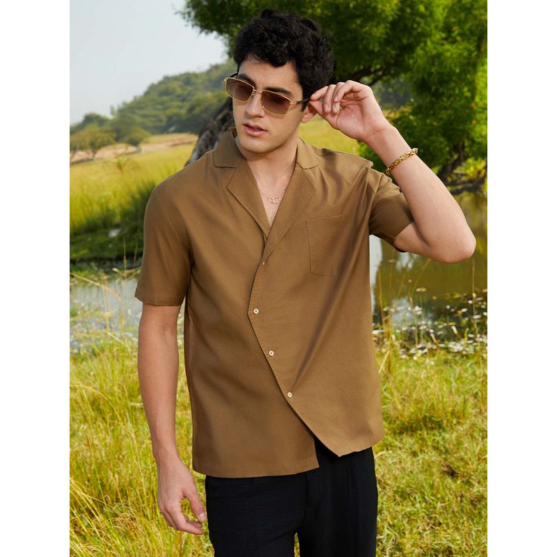 Campus Sutra Men Camel Brown Asymmetrical Cuban Shirt (M)